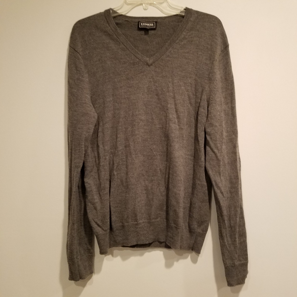Express Gray Merino Wool V Neck Sweater Sz Lg